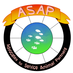 The ASAP logo consisting of a wheelchair wheel around four paw prints and two footprints. The words “Advocates for service animal Partners” appears around the bottom half of the wheel.